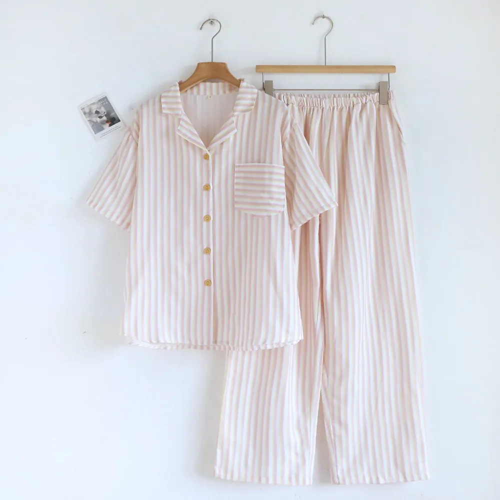 Striped Print Cotton Pajamas Woman Homewear Thin Casual 2 Piece Home Wear Summer Short Sleeve Sleepwear Loungewear Nightwear 4