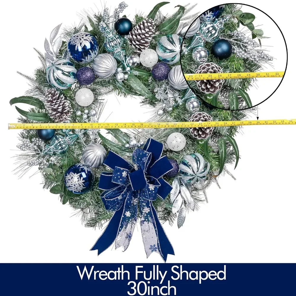 30 Inch Pre-Lit Christmas Wreath for Front Door - Large Lighted Christmas Wreath with Silver Blue Accents