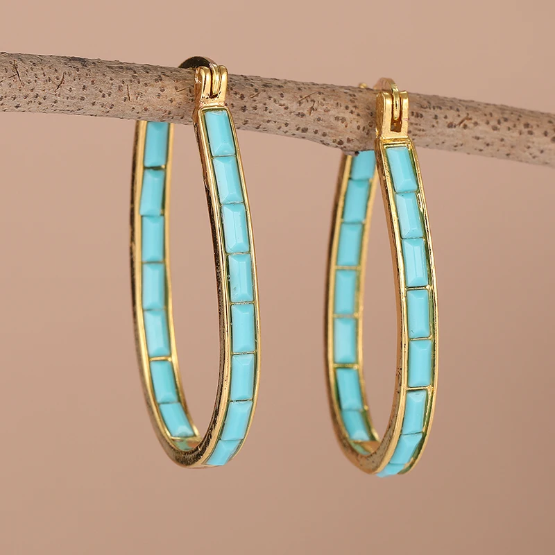 Vintage Simple Inlaid Synthetic Turquoise Golden Plated Hoop Earrings Women Bohemian Style Banquet Vacation Jewelry Accessories
