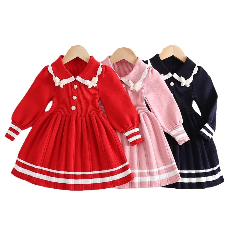 Girl Knitted Dress Bow Pearl Sweater Spring Cute Stripe Children Clothing Long Sleeve Princess Dresses Fashion Baby Girl Clothes