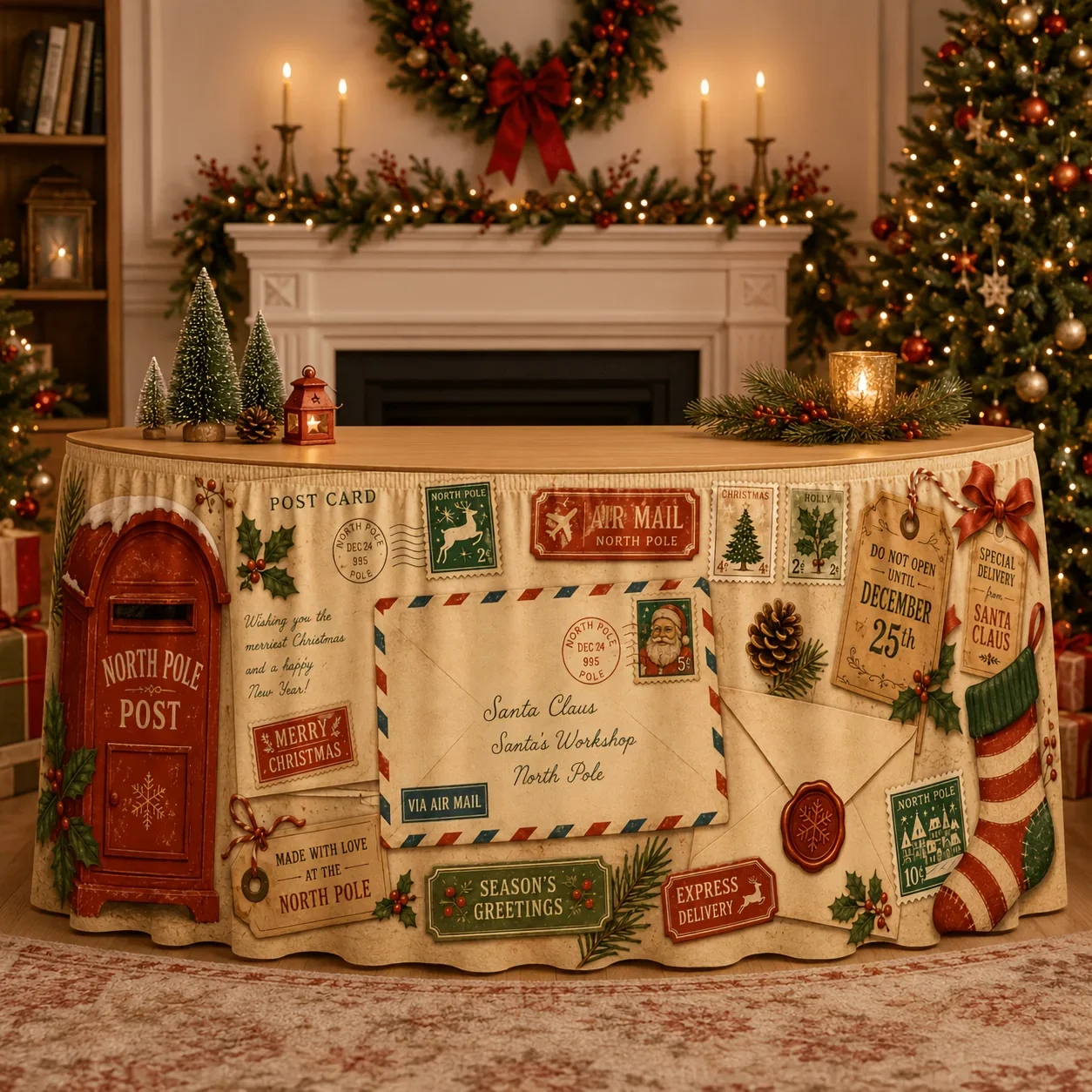 1 tablecloth, retro Arctic post office envelope stamps, Lu Ban pinecone Christmas stocking, retro Christmas tableclothxzj