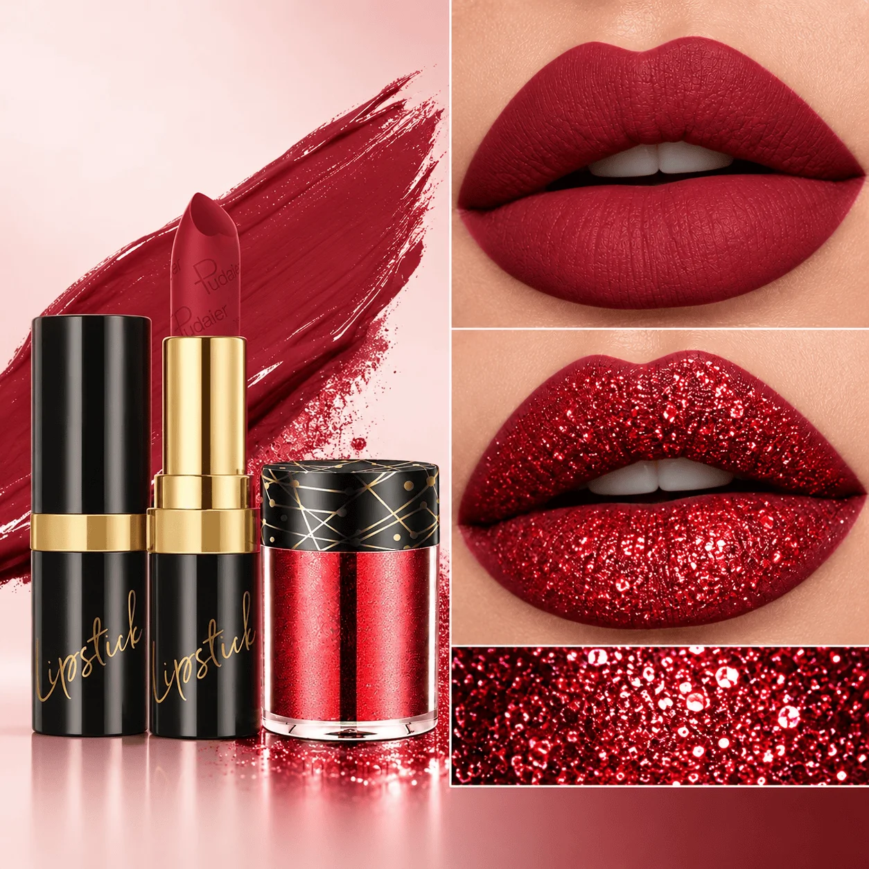 2Pcs Lipstick & Glitter Powder Set Shiny Party Lip Makeup