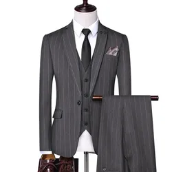 Groom Wedding Suit Three Piece Fashion British Style Men's Stripe One Button Jacket Pants Vest High End Large Slim Blazers Set