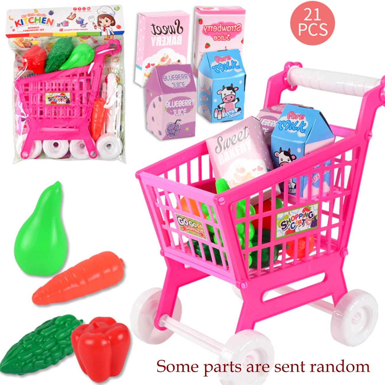 Jouets de chariot de courses de supermarché, chariot de jeu de fruits et légumes de cuisine pour cadeaux d'épicerie pour enfants de plus de 3 ans