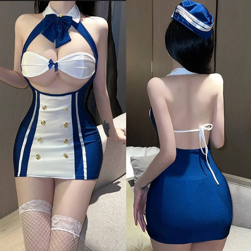 Sexy Flight Attendant Uniform Cosplay Lingerie Bodysuit Women\'s Underwear Erotic Teddies Costumes Sexy Role Outfits Female Dress