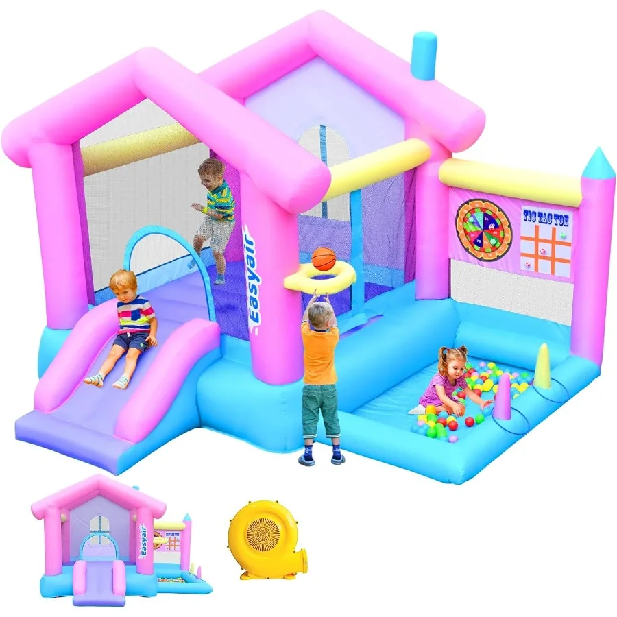 Casa inflable de rebote para edades de 3 a 10 años con castillo hinchable de 123 L x 110 con área de salto, tobogán, aro de baloncesto, sartenes Rin