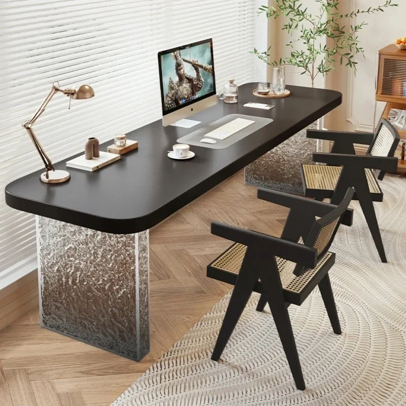 Solid wood double long desk household acrylic black computer desk