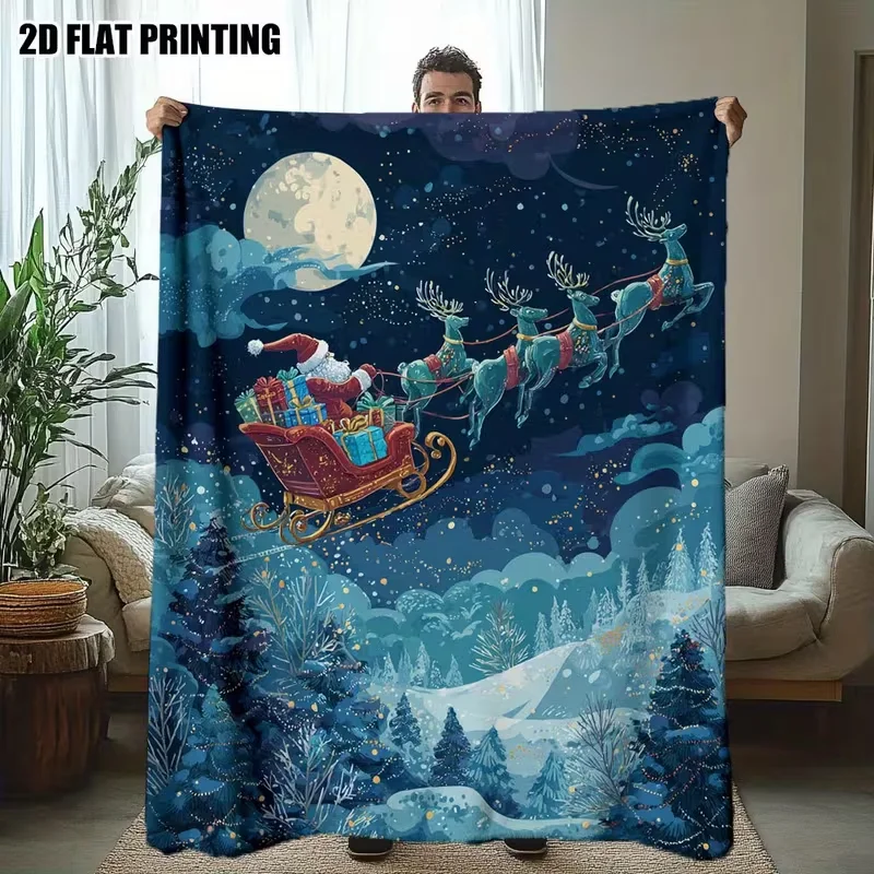 Xmas Santa Sleigh Reindeer Full Moon Snowy Forest Print Blanket Soft Cozy Warm Bed Sofa Blanket Classic Christmas Holiday Use