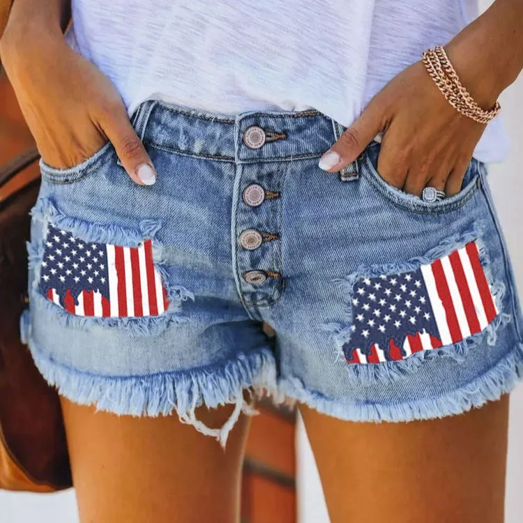 Trendy Button Print Patches Denim Shorts Women's Cross Border Ripped Fringe Hot Pants Standard Fit Natural Waist Deep Color