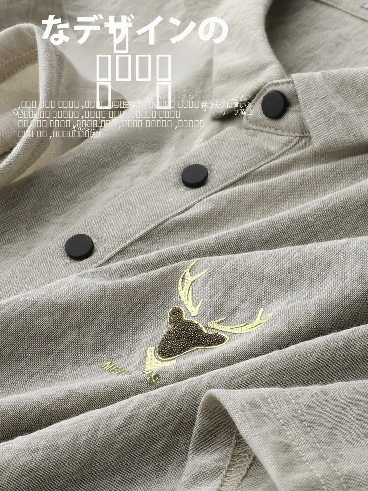 

Элитная мужская летняя футболка с коротким рукавом и вышивкой японского оленя, имитирующая лен, для верхней части тела