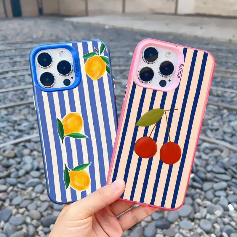 

Red Blue Stripe Fruits Lemon Cherry Laser Phone Case for IPhone 16 15 14 Pro Max Plus 13 Mini 12 11 Pro Max Shockproof Covers