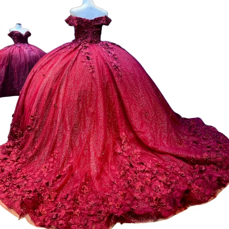 Vestidos De quinceañera con hombros descubiertos para niña, falda De baile Floral 3D, Vestido De fiesta De cumpleaños para niña De 15 a 16 años