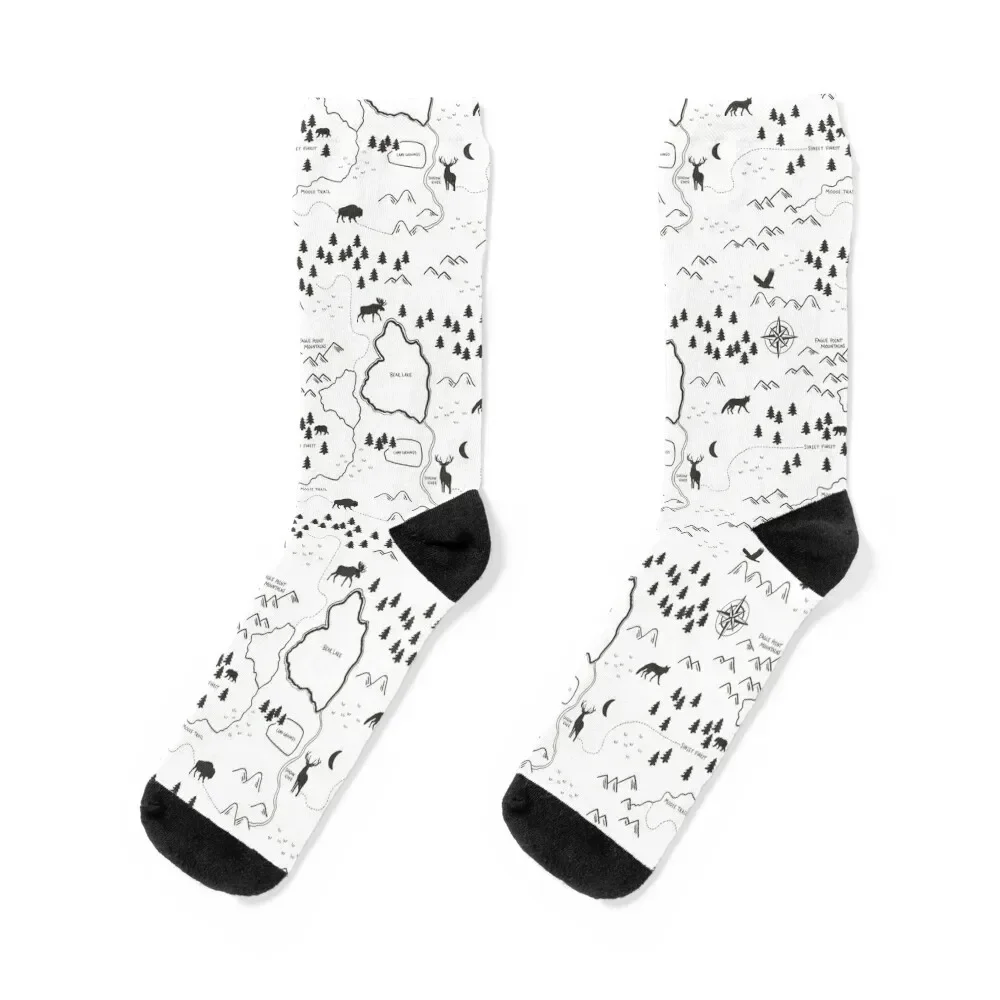 

Black and White Hand-Drawn Map, Adventure Woodland Forest, Camping, Wild Animals Socks compression Men's Socks For Men Women's