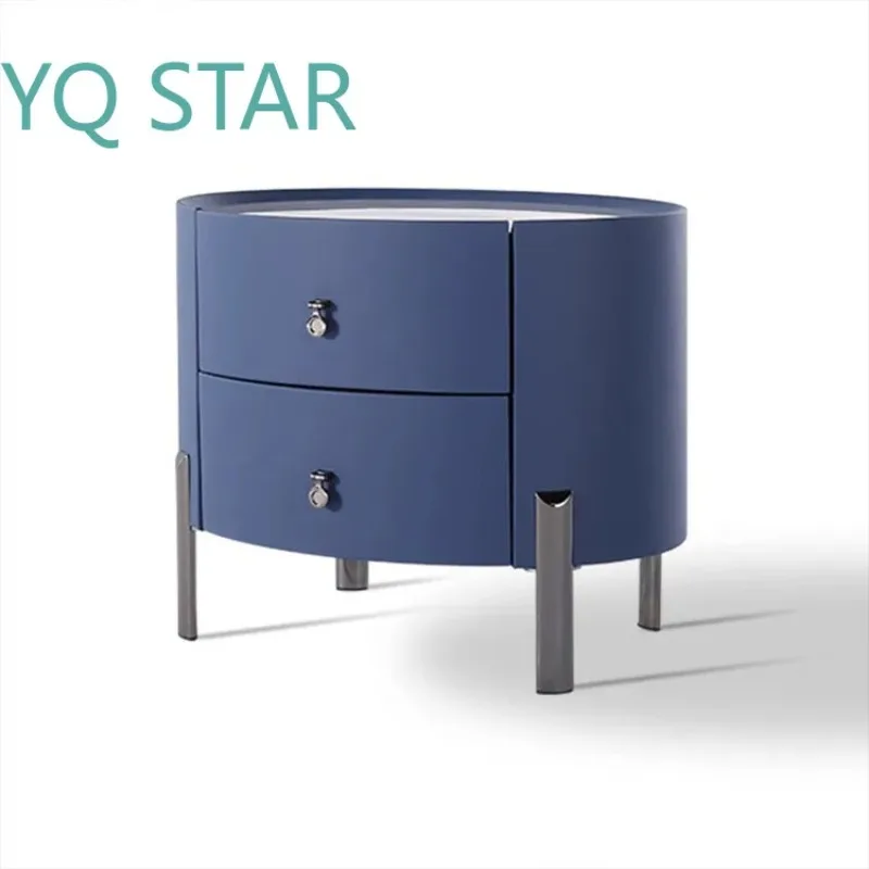 Modern Round Bedside Table for Bedroom with Burnt Stone Finish PU Leather Top Storage Space Nightstand for Small Spaces