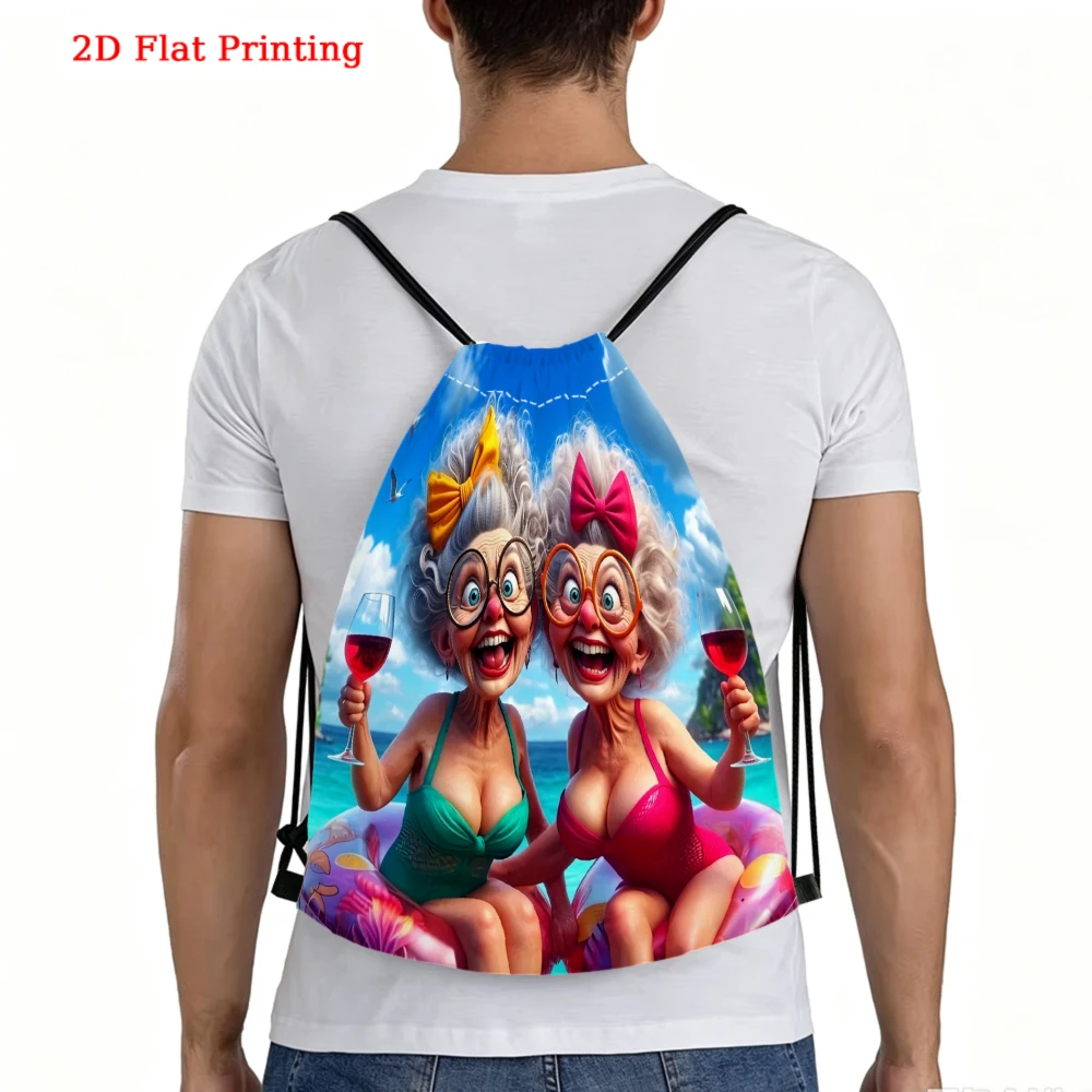 Cartoon Style, Drawstring Backpack, 2D Flat Printing Funny Old Ladies Pattern, Fitness Sports Bag, Outdoor Travel Drawstring Bag
