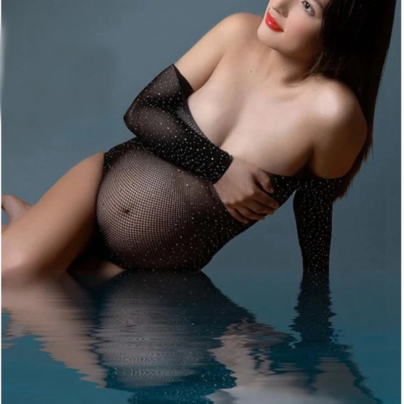 

Sexy Shine Rhinestone Teddy Fishnet Long Sleeve Bodysuit Top One Piece Lingerie Off Shoulder For Maternity Photography Props