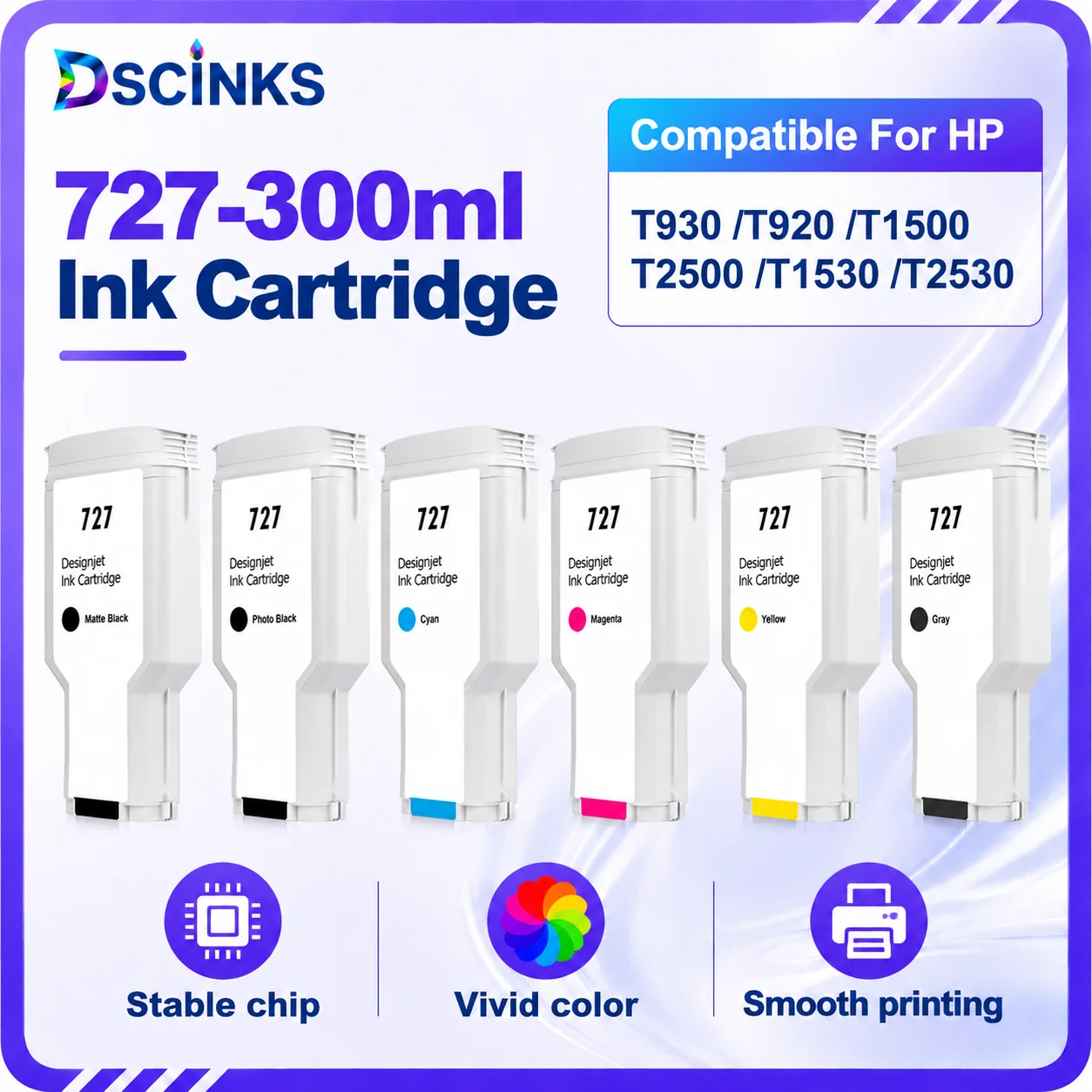 For HP727 300ml Ink Cartridges Compatible For HP 727 C1Q12A B3P23A B3P24A B3P19A B3P20A B3P21A T930 T920 T1500 T2500 T1530 T2530