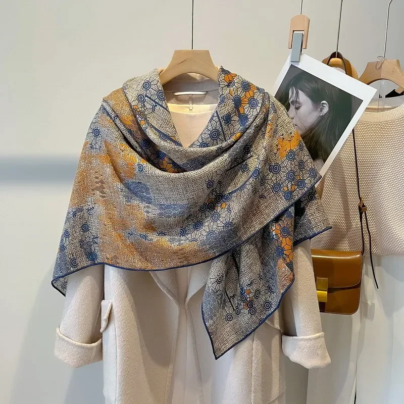 High-end Elegant Women Exquisite Light Luxury Flow Micro Dream Print Quality Silk Wool Hand-rolled Edge Large Square Scarf Shawl