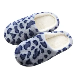 Women Leopard Velvet Slippers Winter Autumn Plus Size Flat Slip On Slippers Round Toe Non Slip Warm Bedroom Shoes House Slippers