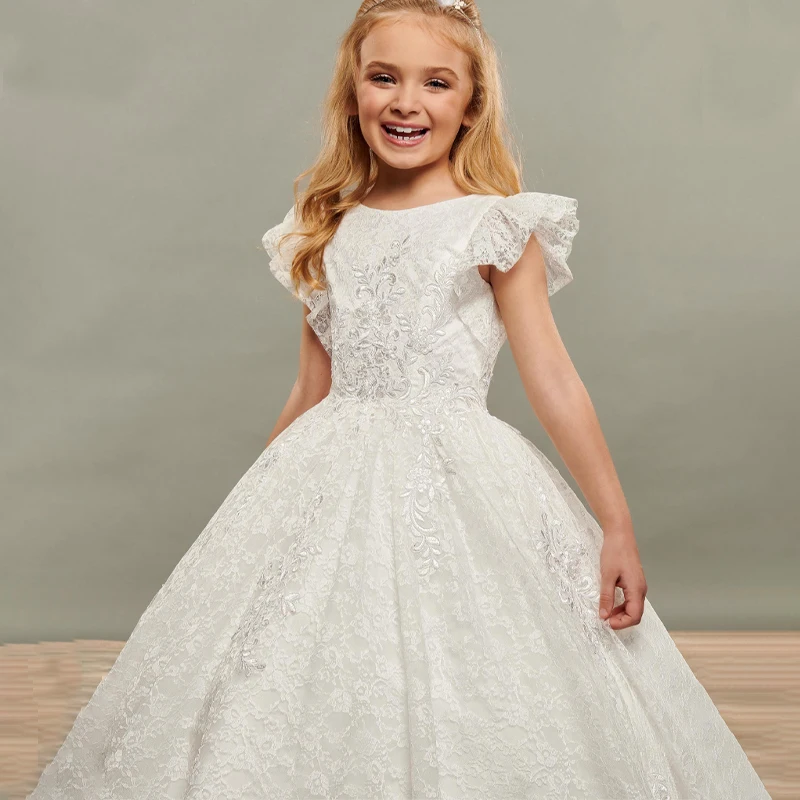 Spitze Blume Mädchen Kleid Flattern Hülse Zurück Keyhole Hochzeit Bankett Partei Ballkleid 2020 Freies Verschiffen