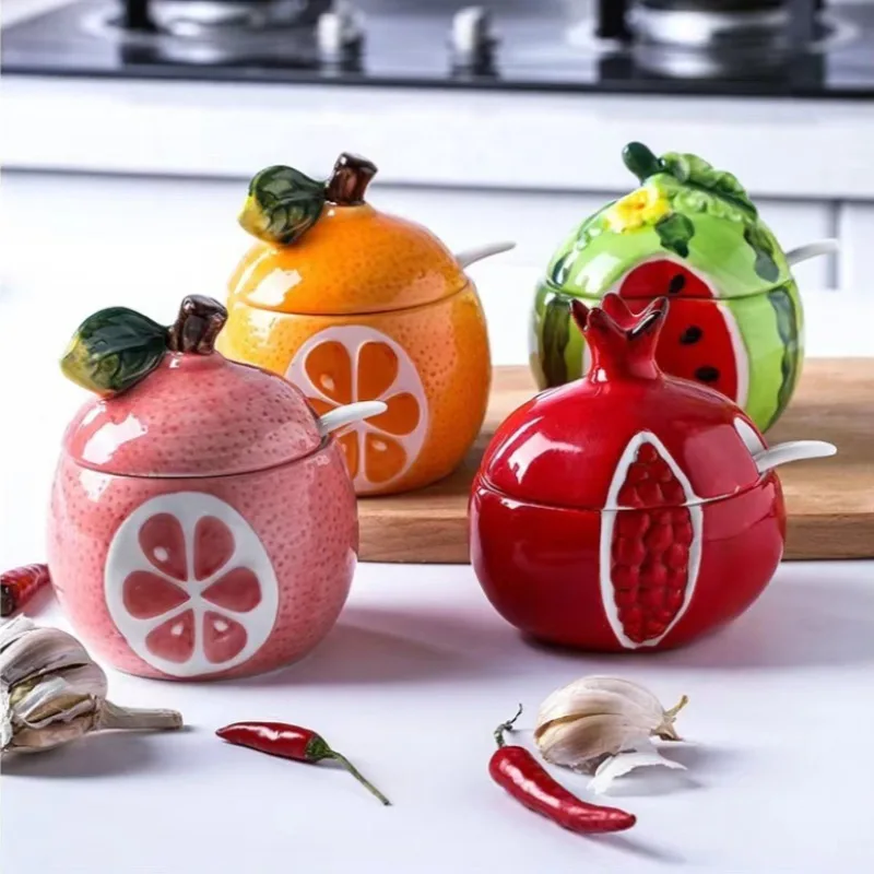 Creative Cartoon Fruit Ceramic Seasoning Jar Korean Hand-painted Salt Pepper Shaker Sugar MSG Bottle Household Kitchen Supplies
