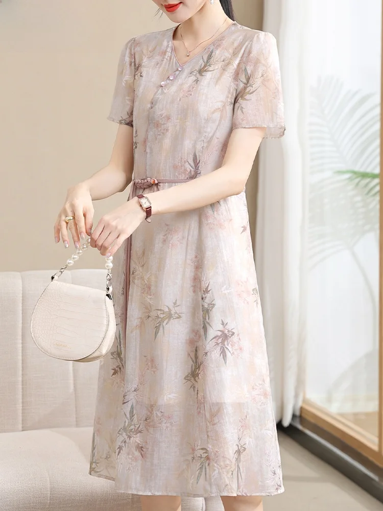 

Summer Fashion Chiffon Dress Short Sleeve Midi Skirt for Middle-Aged Mothers Traditional Chinese Style Loose Fit V-Neck Dress