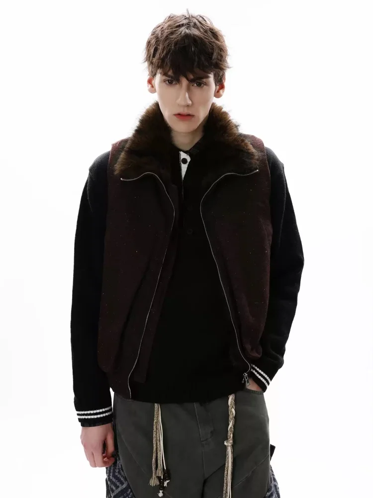 

American Style Retro Fur Collar Zipper Vest For In Autumn And Winter Daily Keep Warm Loose All-Match Sequin Design Coat