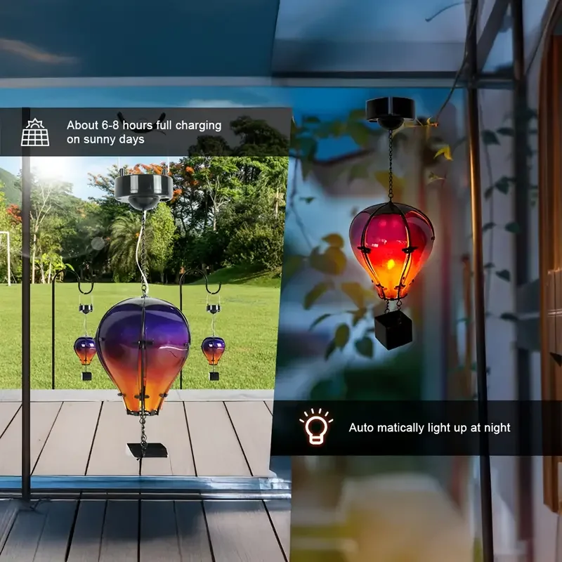 Solar Hot Air Balloon Outdoor LED Flame Appearance Hanging Lantern Decorative Light For Patio Garden Porch Yard Flickering