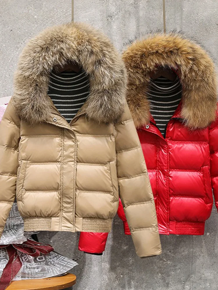 FTLZZ Winter Real Raccoon Fur Feather Jacket Women Hooded Slim White Duck Down Short Parkas Female Black Khaki Snow Outwear Coat