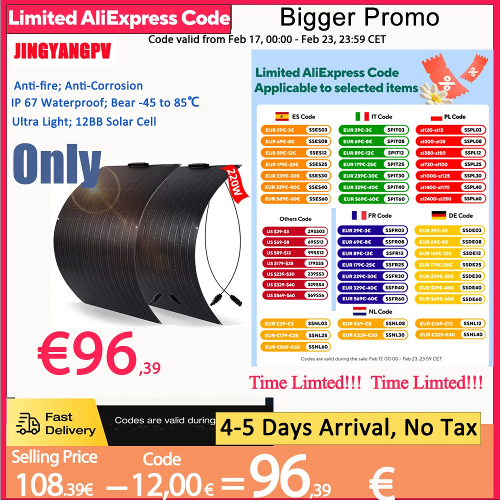 Panneau solaire 200w 220w 2 pièces 110W ETFE cellule solaire monocristallin Flexible 18V pour