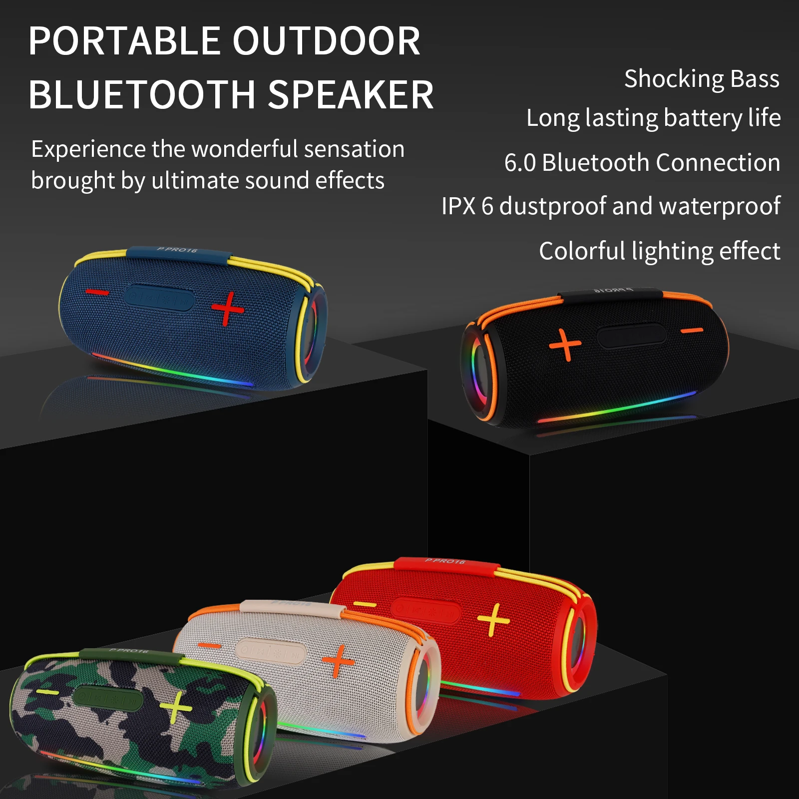 

QUEED P Pro16 Открытый Bluetooth-динамик Водонепроницаемый портативный сабвуфер Мощный бас RGB-подсветка Слот для TF-карты USB AUX Поддержка