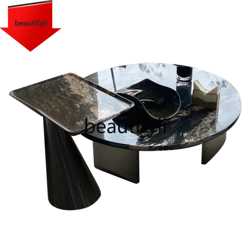 

Luxury stone coffee table modern simple living room household size light luxury round coffee table