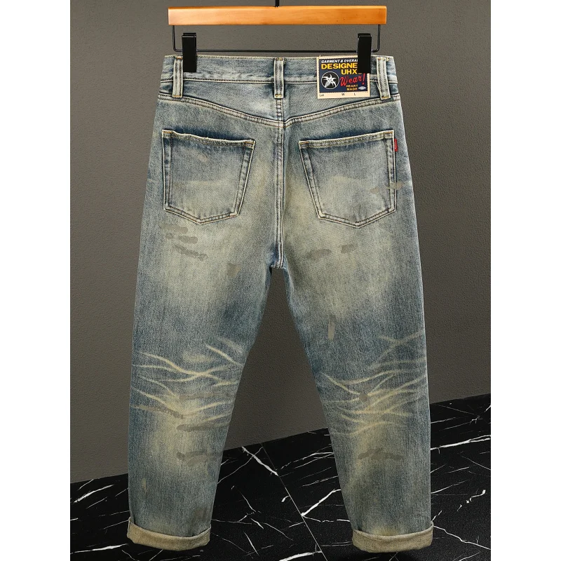 

Осень 202, рваные джинсы с нашивками, мужские ретро ностальгические уличные модные свободные прямые брюки, тяжелые трендовые длинные брюки