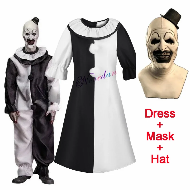 Disfraz de payaso de película Terrifier 2, disfraz de payaso, mono, vestido, sombrero, máscara, accesorios, disfraz de Halloween para adultos, hombres y mujeres