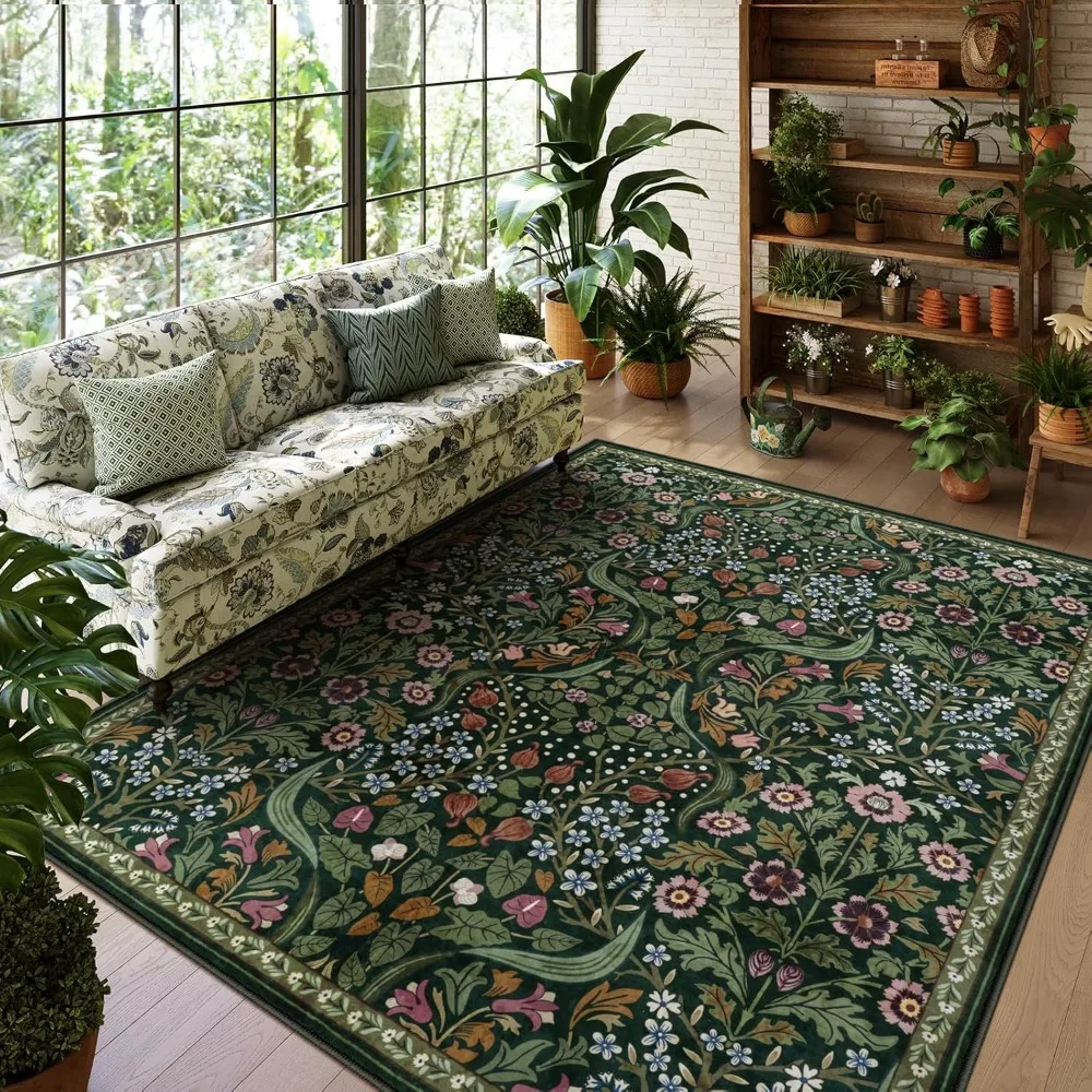 

Floral 8x10 Green Living Room Rugs, Large Washable Area Rug for Bedroom Rubber Backed, Botanical Thin Stain-Resistant Carpet fo