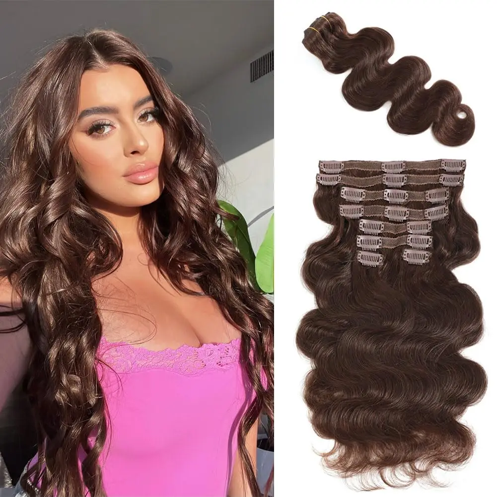 Body Wave Hair Clip In Hair Extensions Human Hair #4 Chocolate Brown 100% Unprocessed Brazilian Remy Virgin Human Hair For Women
