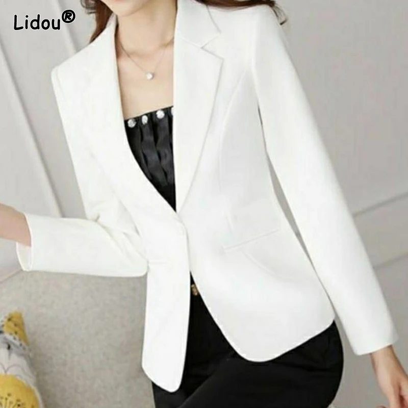 Pockets Button Skinny Notched Thin Spring Summer Solid Color Blazers Formal Office Lady Elegant Fashion Casual Women\'s Clothing