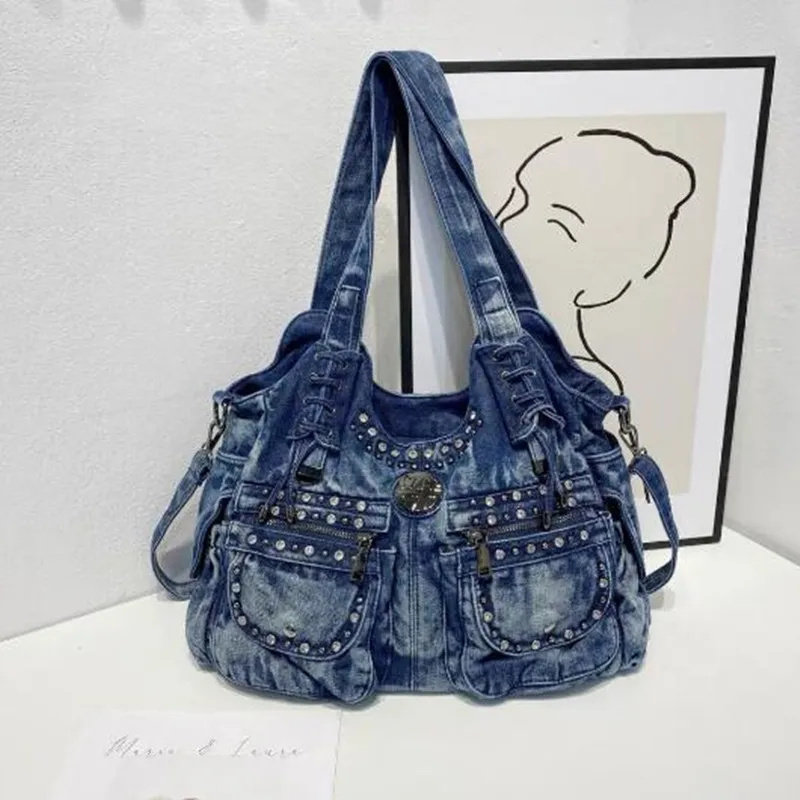 Nuova borsa a tracolla da donna in denim borsa a tracolla in Denim con decorazione rivetto Vintage borsa Hobo di grande capacità