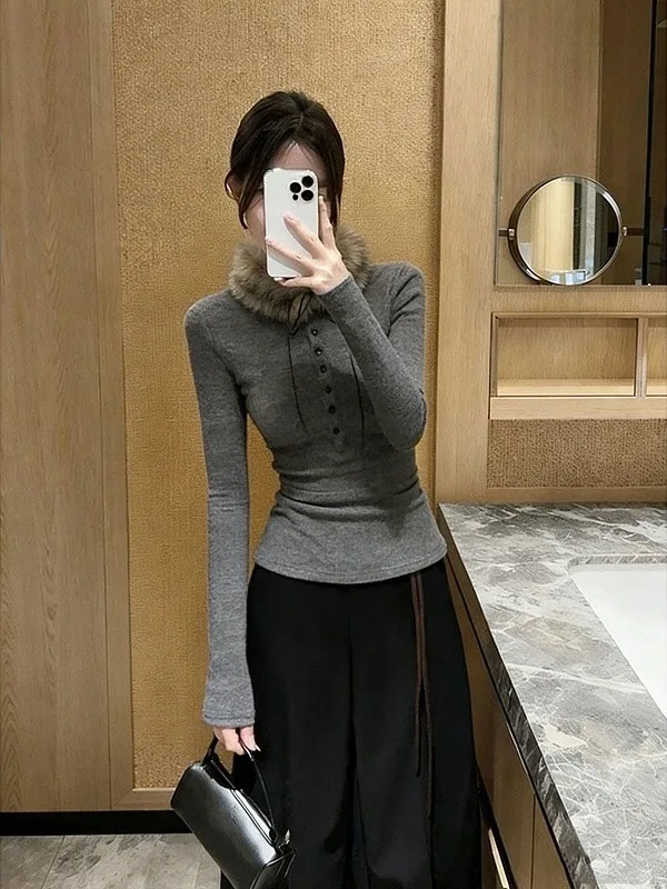 

plus Size Slimming Long Sve T-irt Women's Autumn Winter New Sle Fur Collar Design Beautiful Top Korean Sle Slim Fit