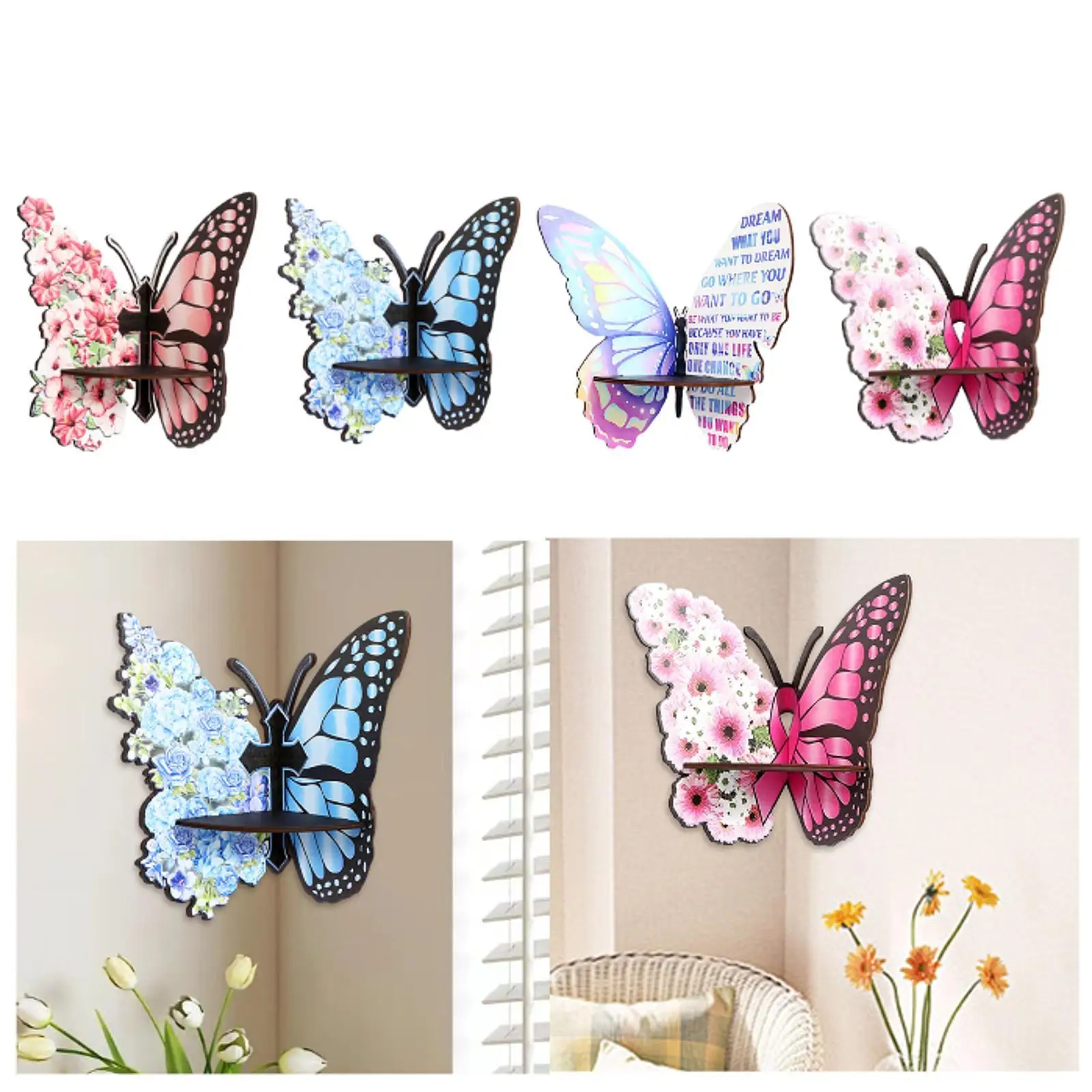 Wood Butterfly Corner Shelf Float Storage Rack for Kid’S Room Office Plants