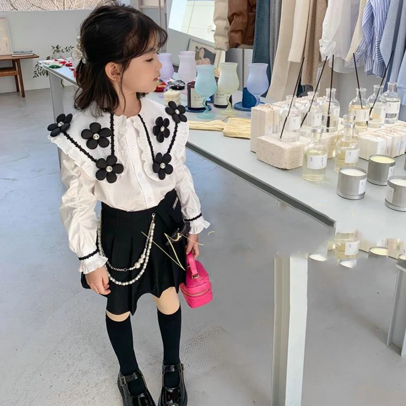 Girls Clothing Sets Flower Applique Large Collar Pleated Edge Long-Sleeved Shirt+ Pleated Skirt Spring New Student Sweet Suits