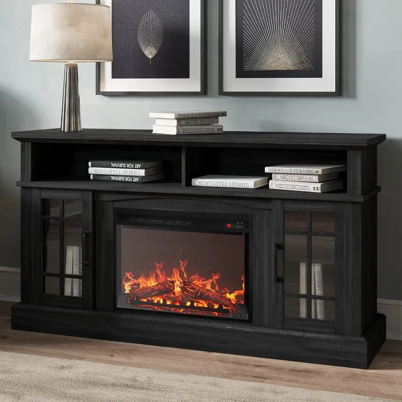 Traditional 58-inch rustic TV stand with 23-inch electric fireplace heater with stereo, accommodates up to 65-inch TVs