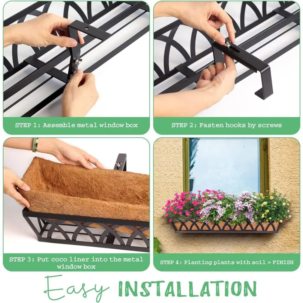 Cesto Suspenso para Janela, 24 Polegadas, Metal Preto, para Plantas, com Forro, para Varanda, Sacada, Pátio ou Casa, Oi