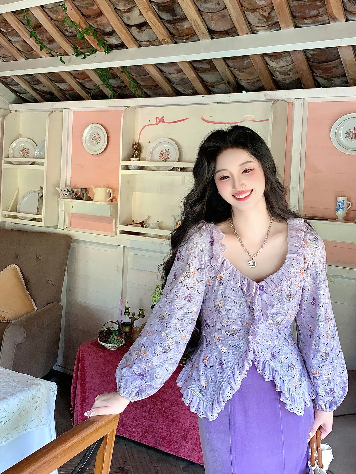 

Ele Фиолетовый вязаный свитер, бархатная юбка для девочек, слинг, осень-зима, модное платье с высокой талией и хвостом, повседневное платье для свиданий