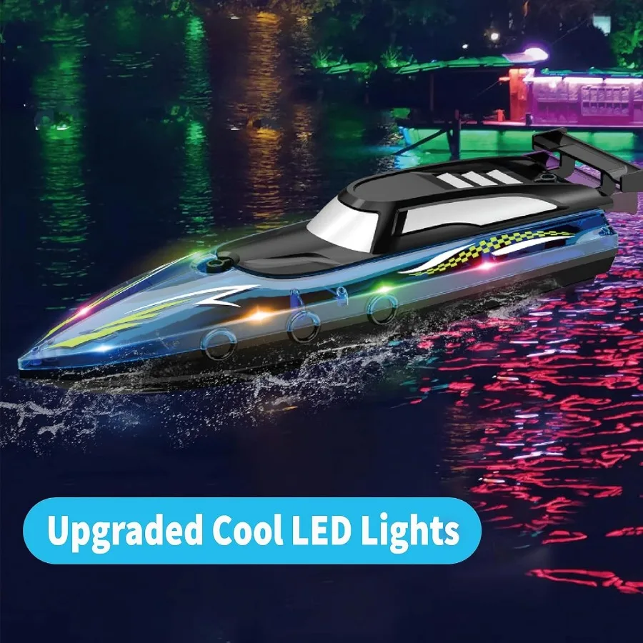 RC Boat with LED Lights, 2.4Ghz Full Size RC Boat, RC Boat for Pools and Lakes, 30 Minutes Run Time, Pool Toys