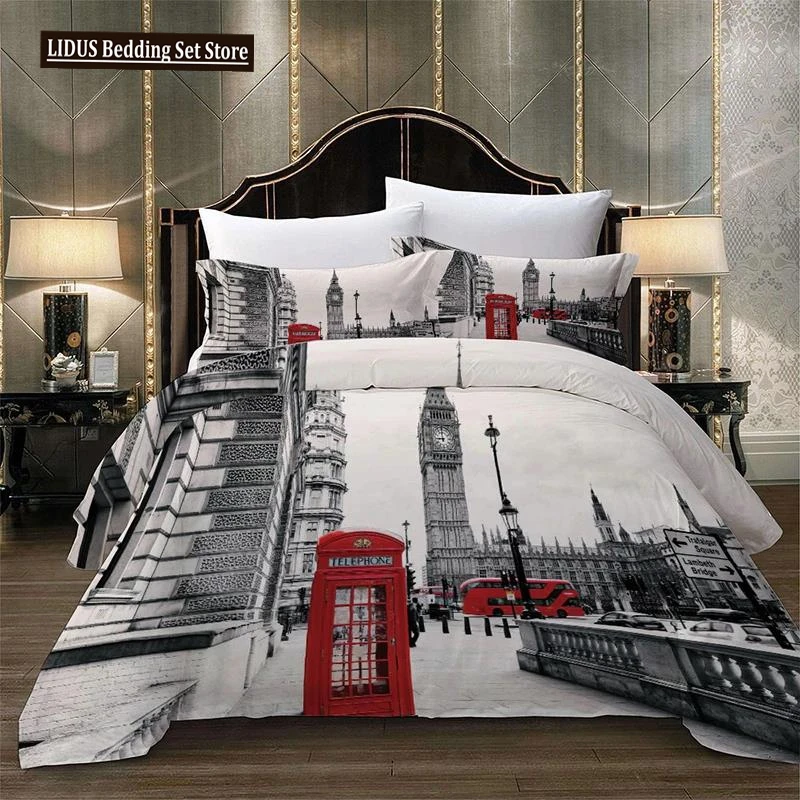 

Paris Tower London City Scenery Big Ben Red Telephone Booth Bus Print Bedding Set Quilt Duvet Cover+Pillow Case US AU EU Size