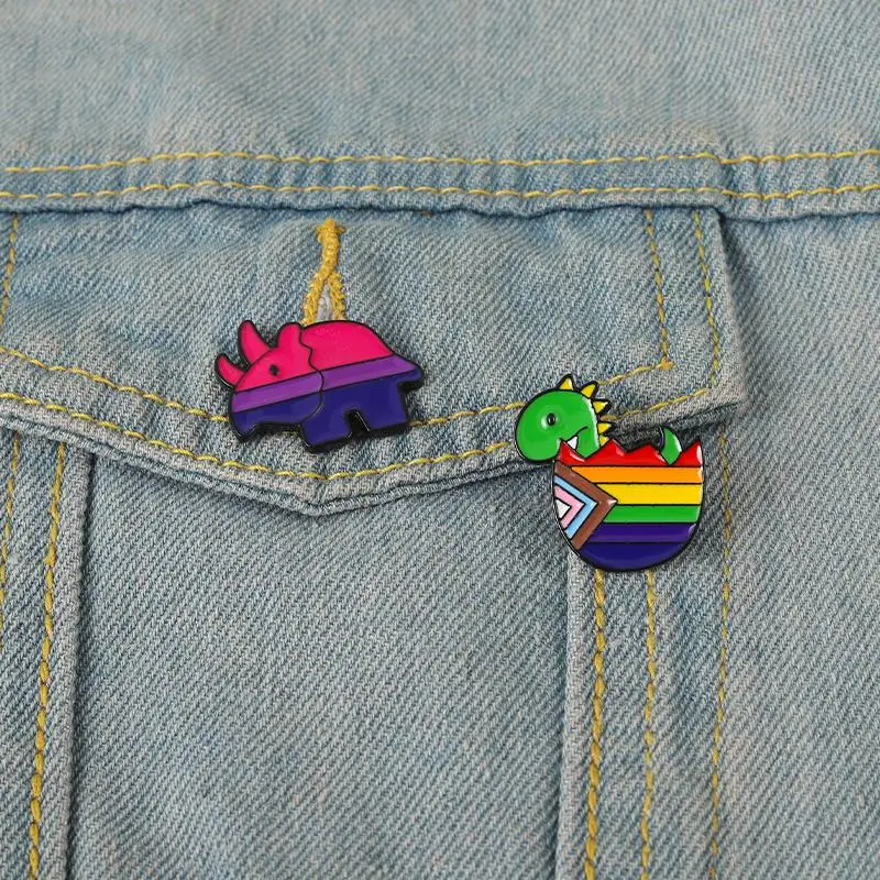 

Rainbow Dinosaurs Enamel Pins Custom Rhino Brooches Lapel Badges Cartoon Striped Animals Jewelry Gift for Kids Friends