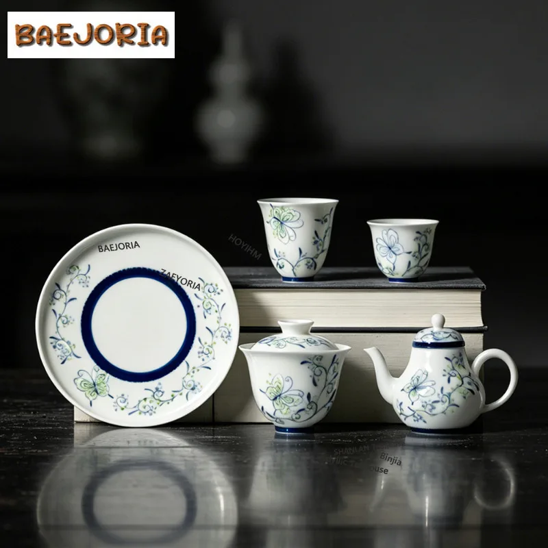 BAEJORIA 135ml Hand-painted Butterfly Scrolling Floral Vine Teapot Retro Tea Infuser Pot Tea Maker Kettle With Ball Hole Teaset