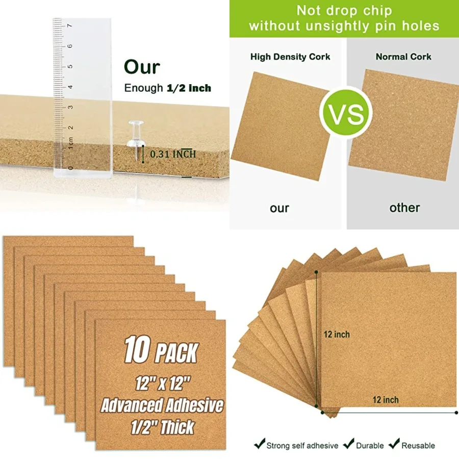 

Cork Board Tiles 12x12 - 1/2 Thick Cork Board Bulletin Boards Self Adhesive Corkboards for Walls Pin Boards Corkboards for Offi