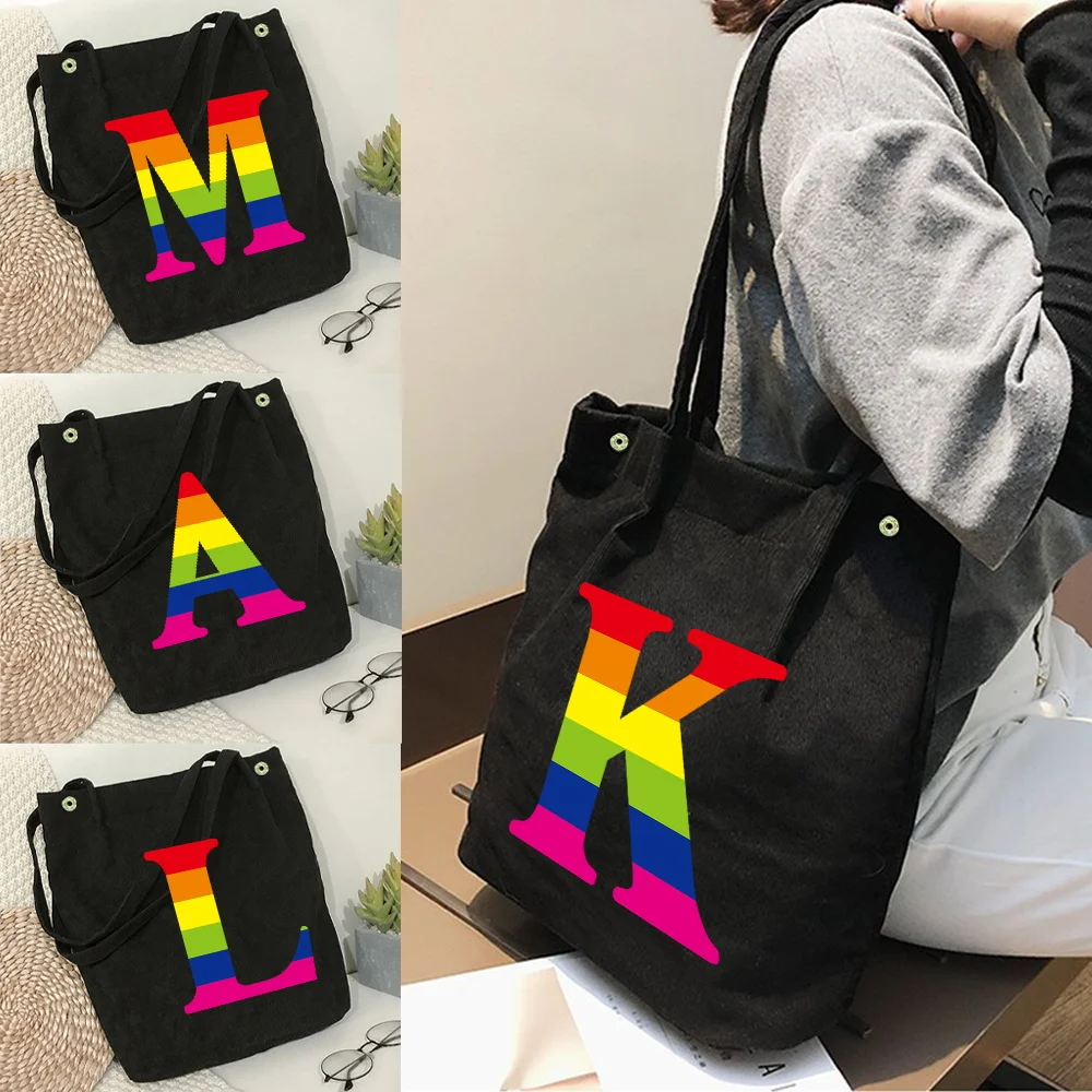 

Ladies' Corduroy Shopping Bag Fashionable Canvas Shoulder Bag Storage Handbag Simple Rainbow Letter Print